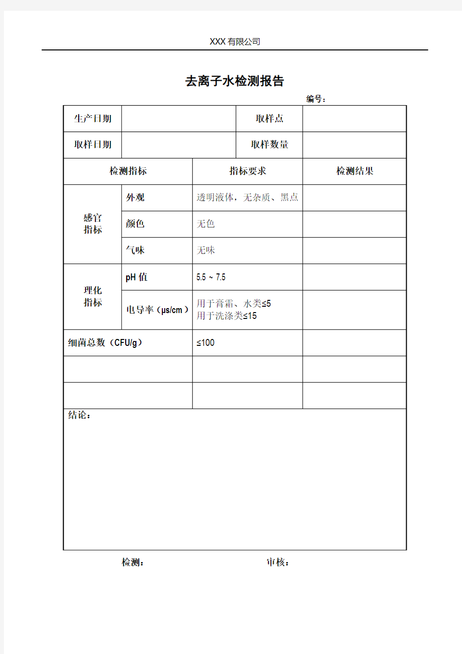 去离子水检测报告