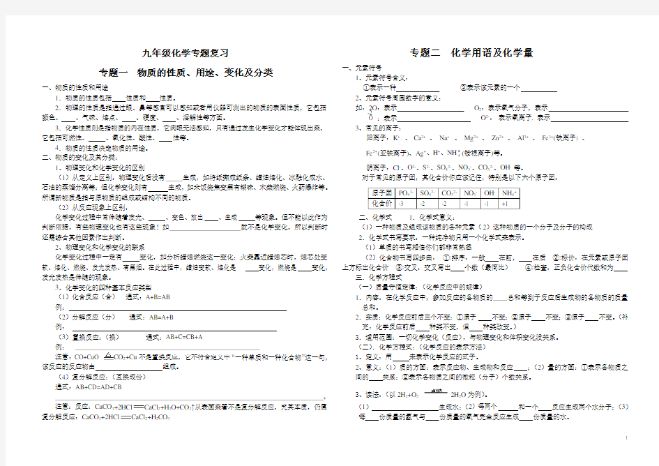 新人教版九年级化学专题复习知识点填空