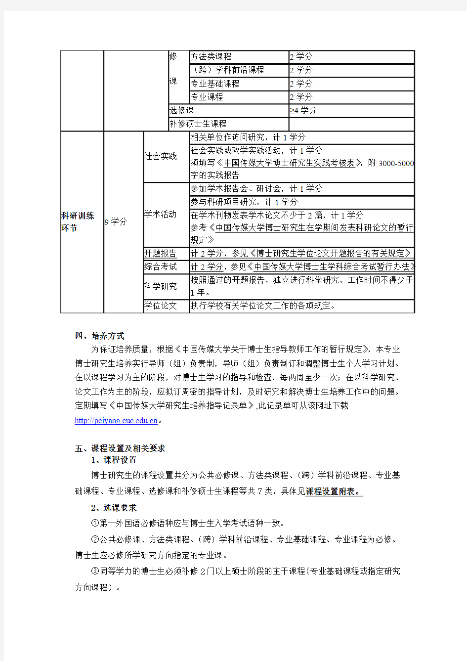 中国传媒大学2010版博士研究生培养方案《戏剧戏曲学》