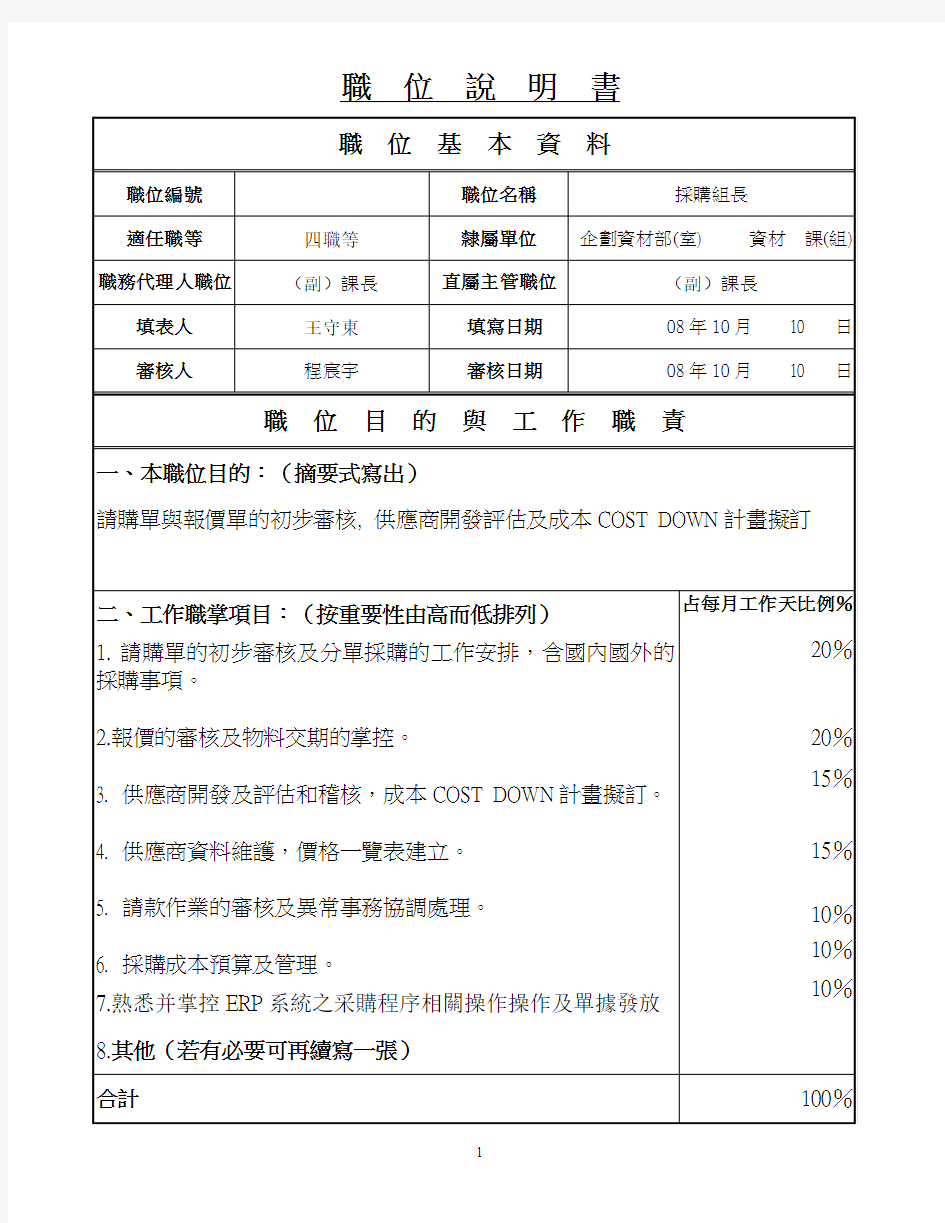 资材采购组长职务说明书A