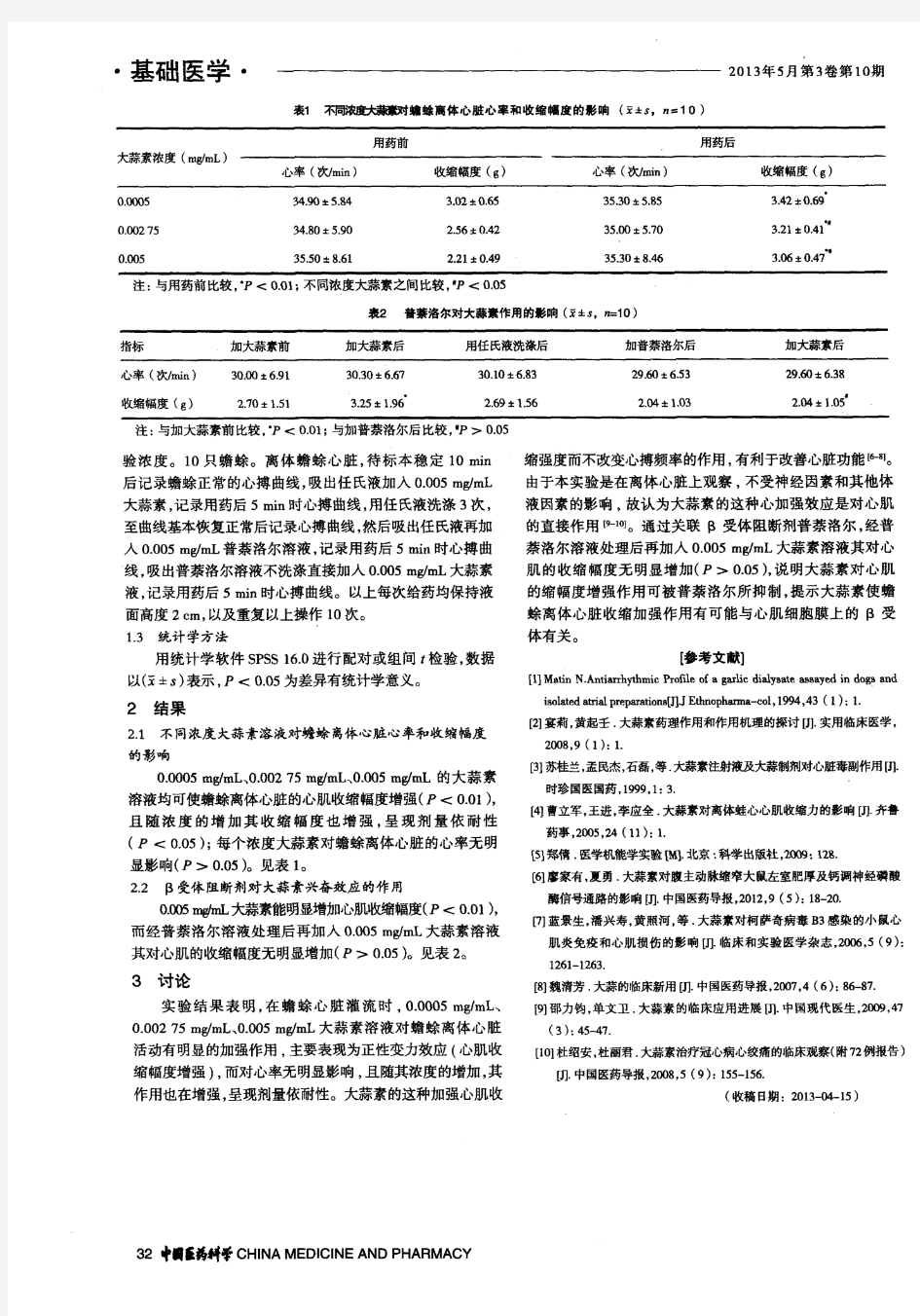 大蒜素对蟾蜍离体心脏功能影响机制的探究