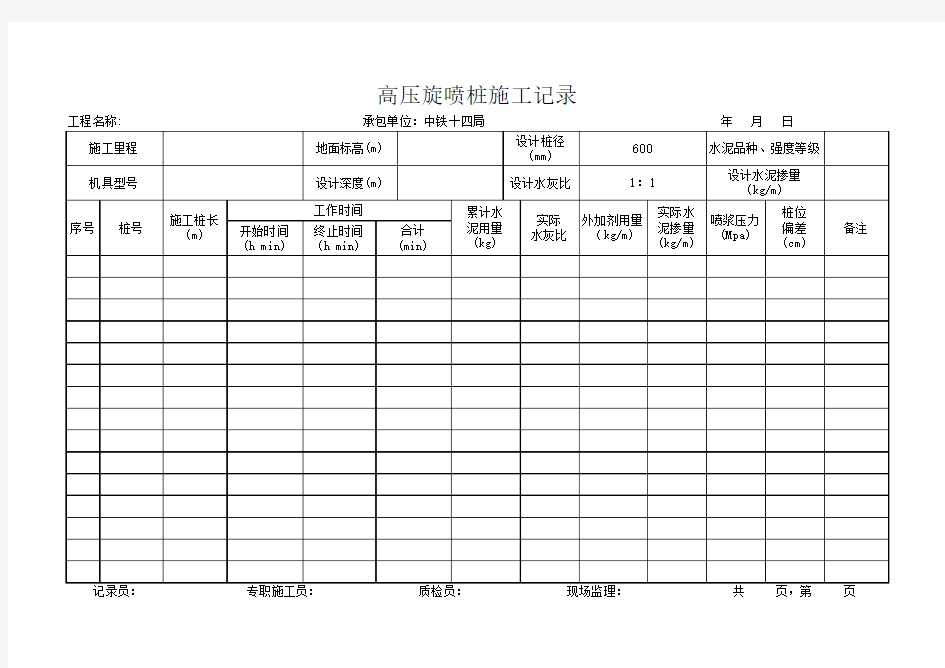 高压旋喷桩(单喷)施工记录表