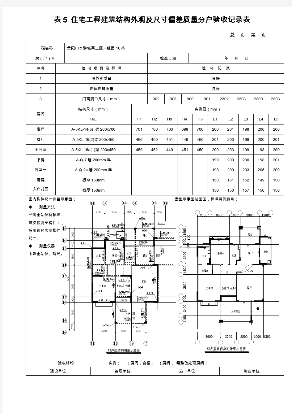 表5 住宅工程建筑结构外观及尺寸偏差质量分户验收记录表