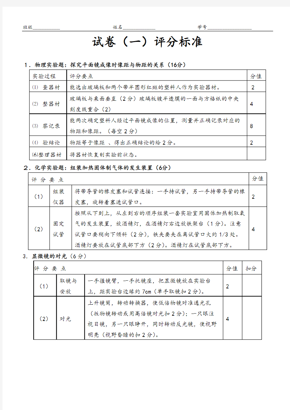 2019年河南省中招理化生实验操作考试卷及评分表(最新)