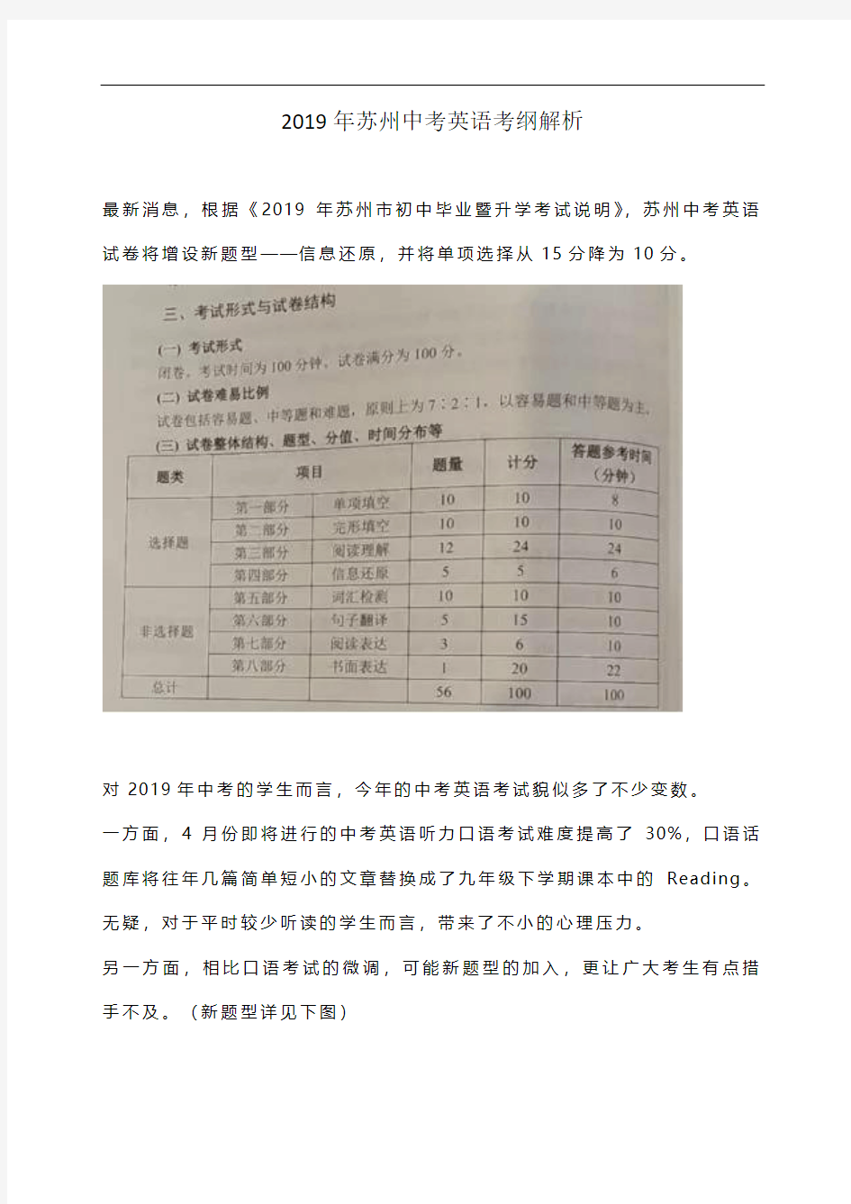2019年江苏省苏州市九年级英语中考考纲解析