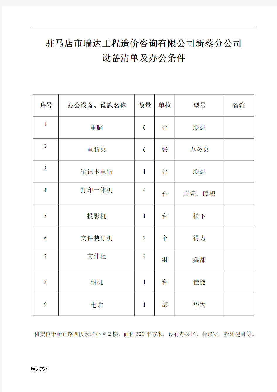 办公设备、设施清单