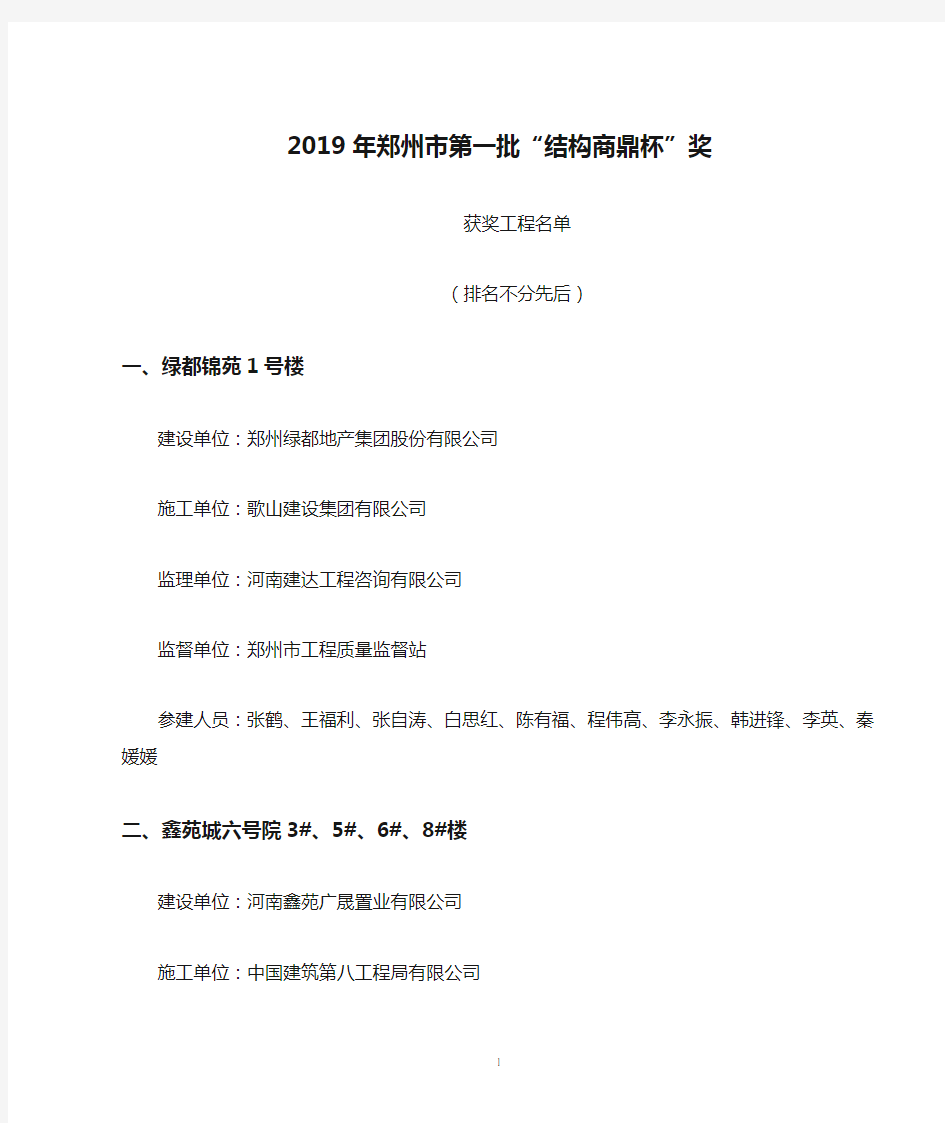 2019年郑州市第一批“结构商鼎杯”奖获奖工程名单
