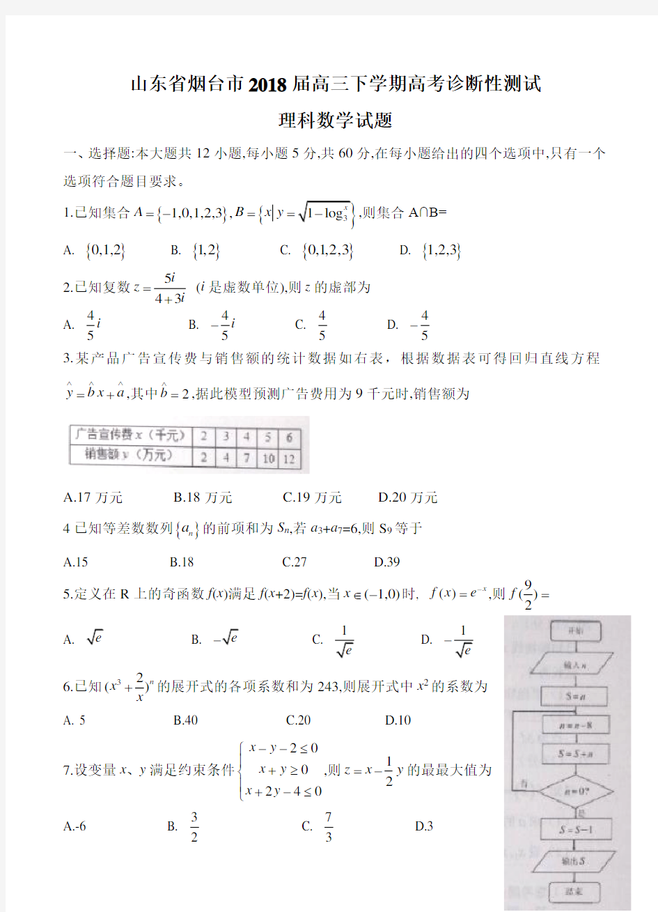 山东省烟台市2018届高考诊断性测试(3月)数学(理)试卷(含答案)