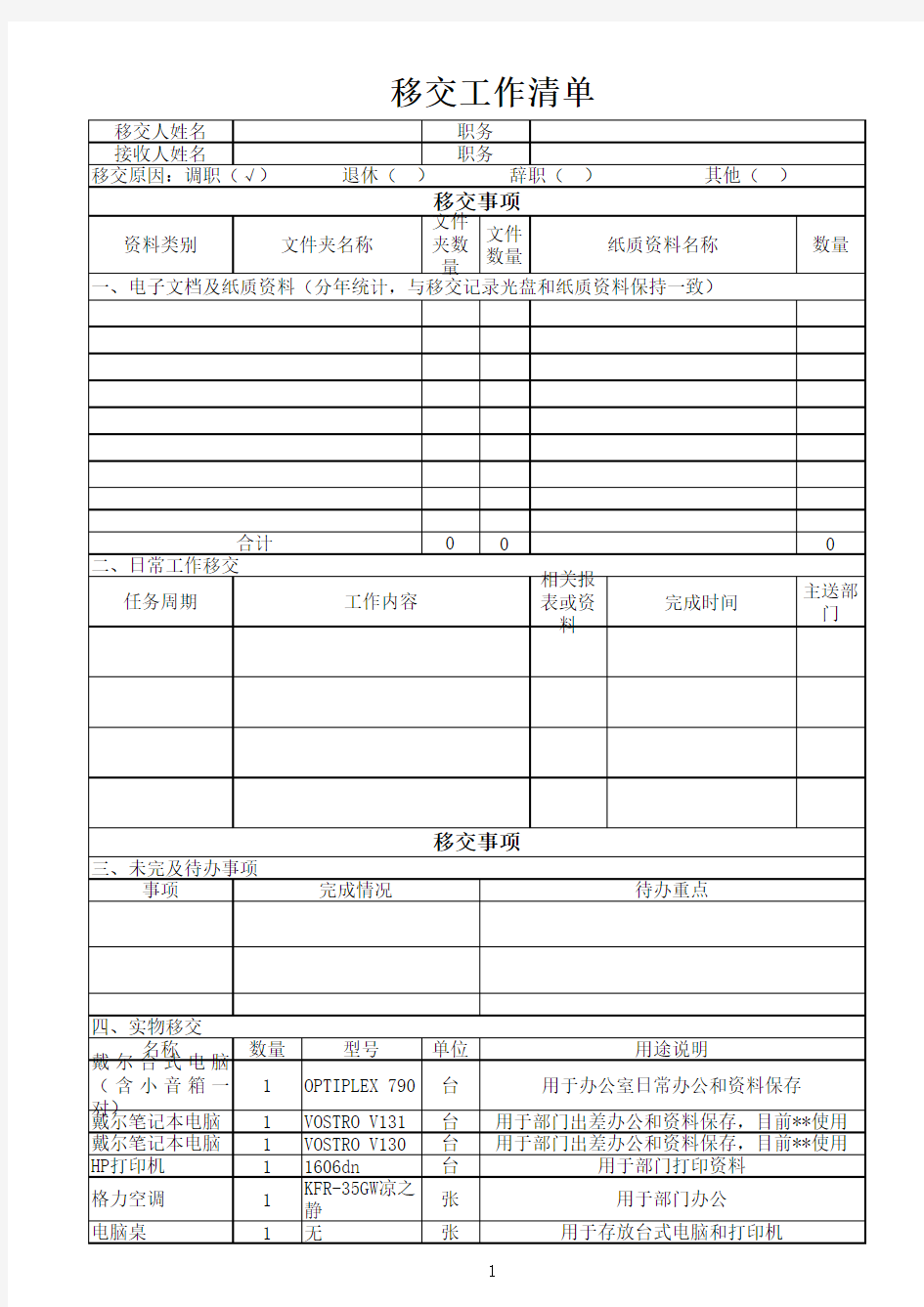 工作移交清单模板