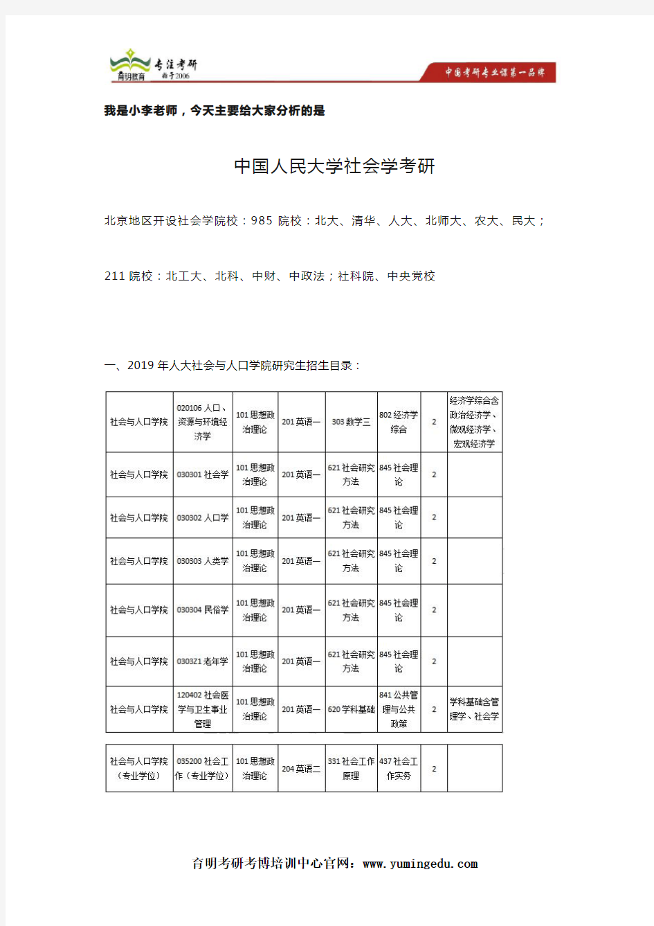 人大考研：2020年人大社会人口学院人类学考研难度、参考书、真题、复试信息