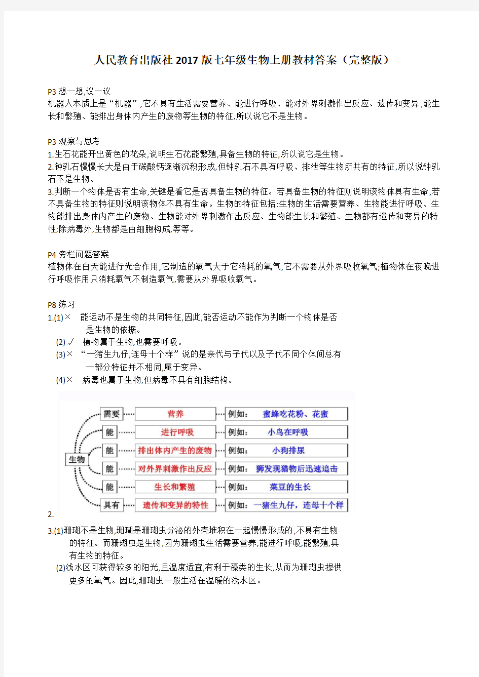 人民教育出版社2017版七年级生物上册教材答案(完整版)