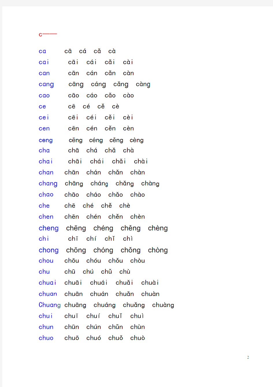 汉语拼音音节表(带声调音节)