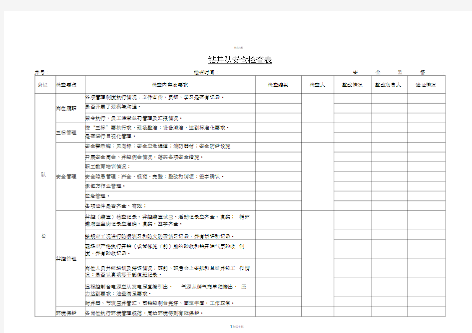 钻井队周HSE检查表