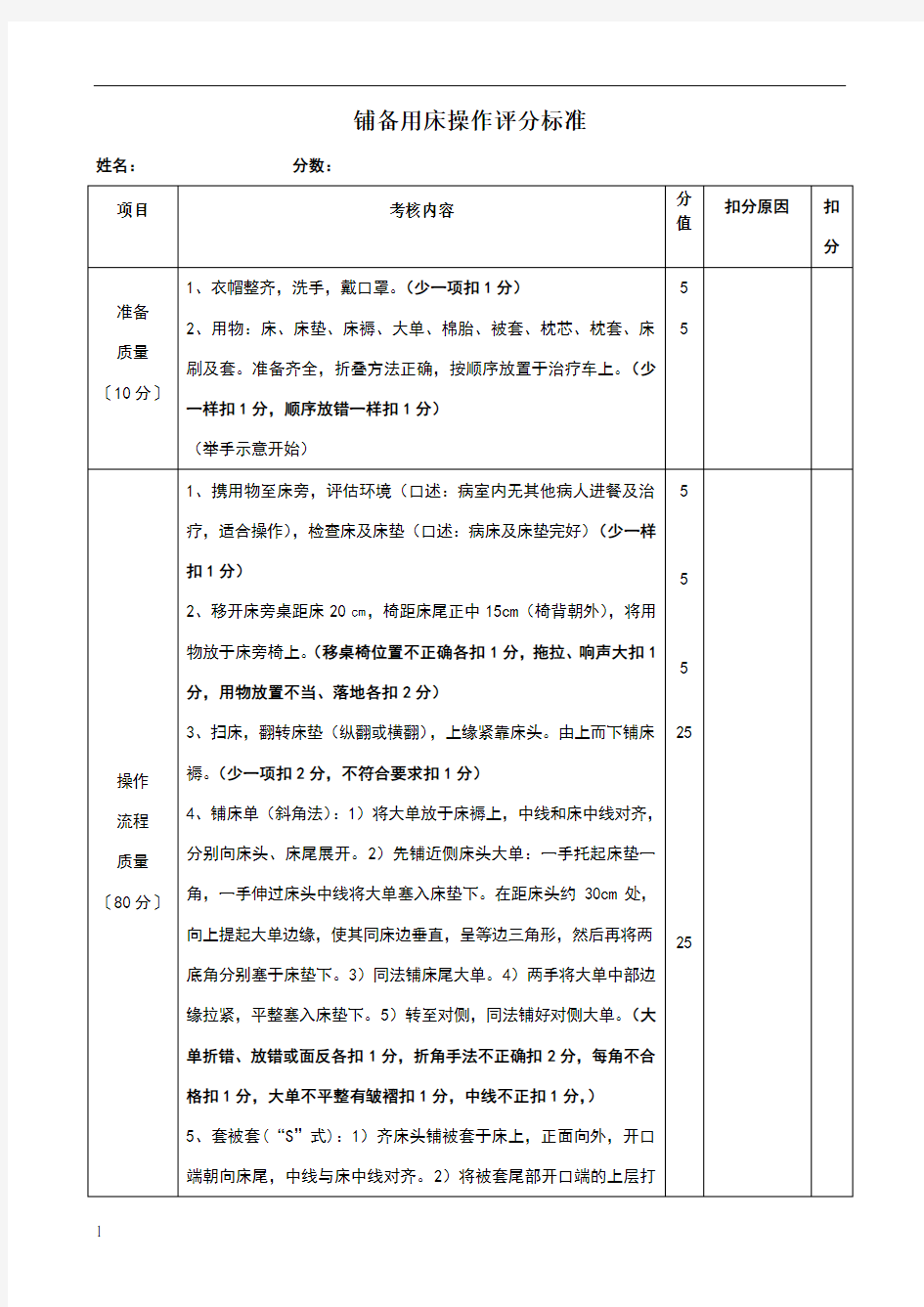 铺备用床操作评分标准