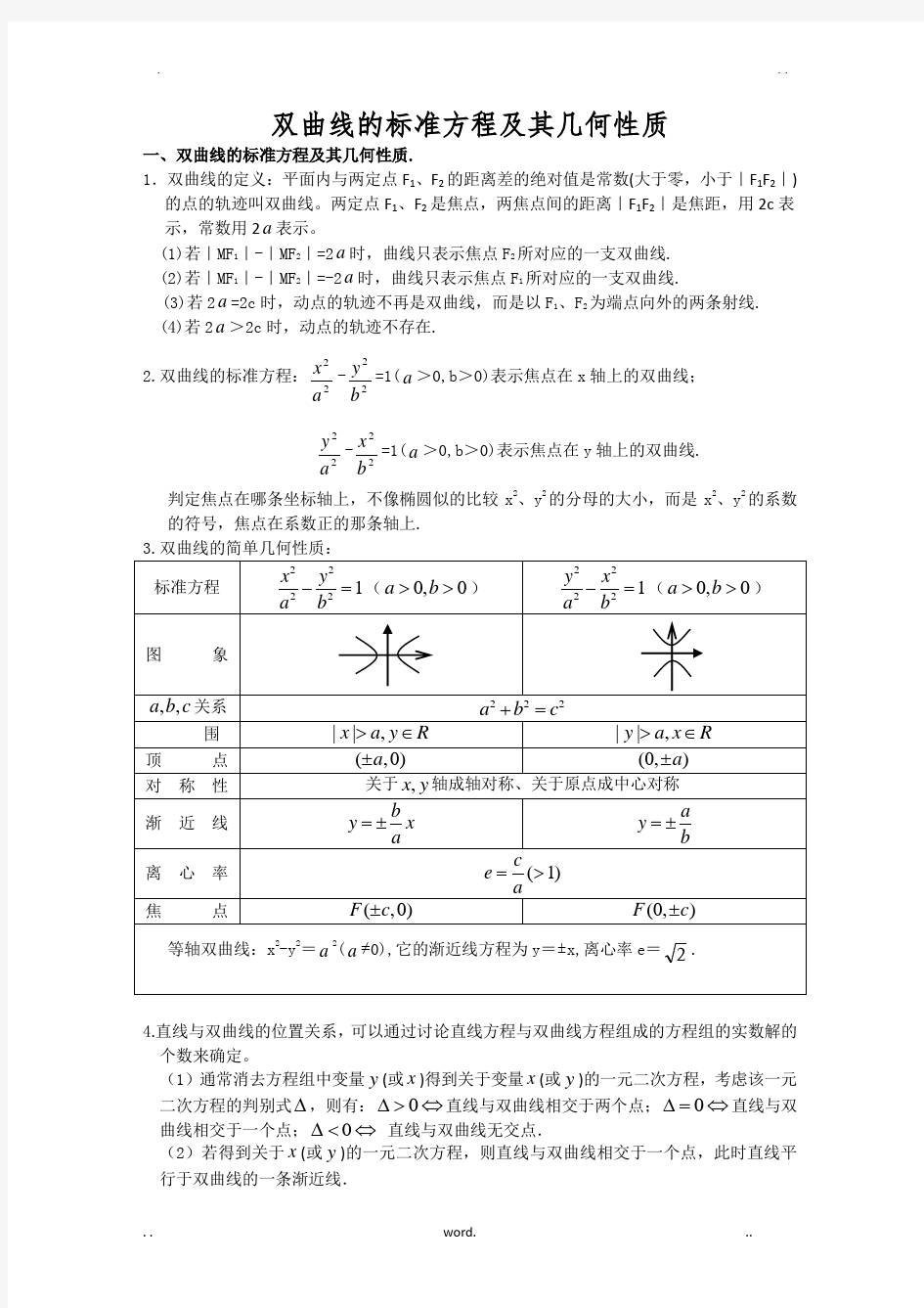 双曲线的标准方程及其几何性质