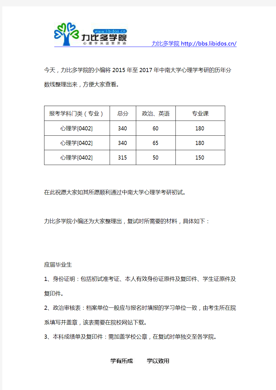 2015-2017中南大学心理学考研历年复试分数线