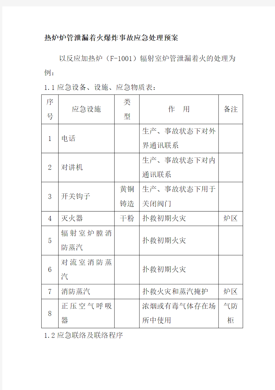 热炉炉管泄漏着火爆炸事故应急处理预案