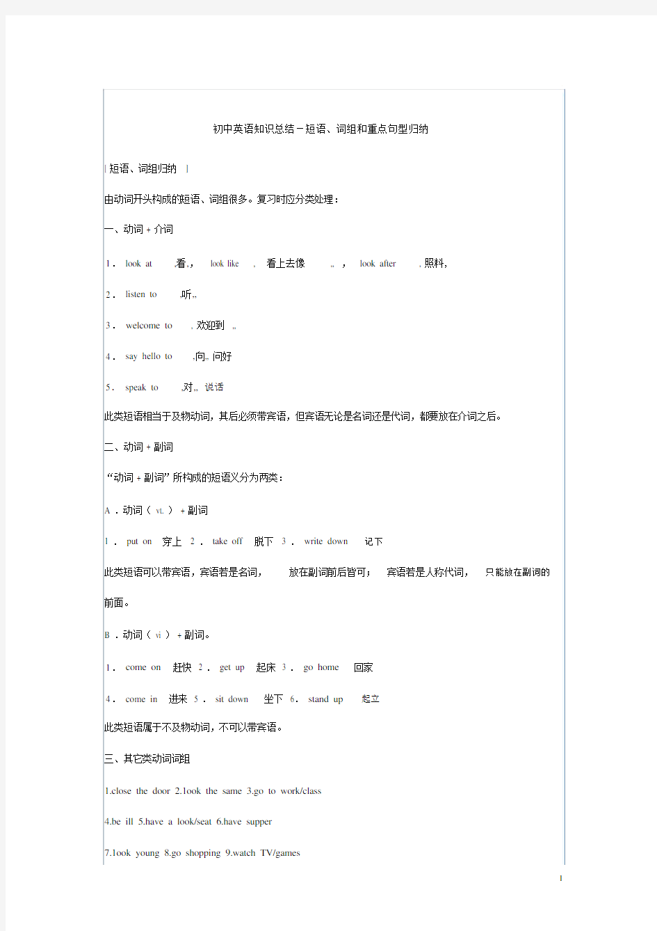 初中英语短语、词组和重点句型归纳