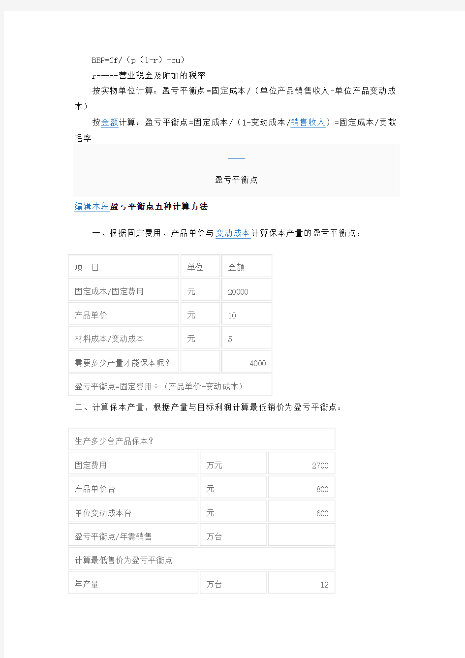 盈亏平衡点计算公式