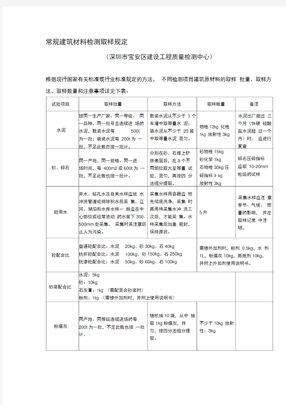 常规建筑材料检测取样规定(宝安质量检测中心)