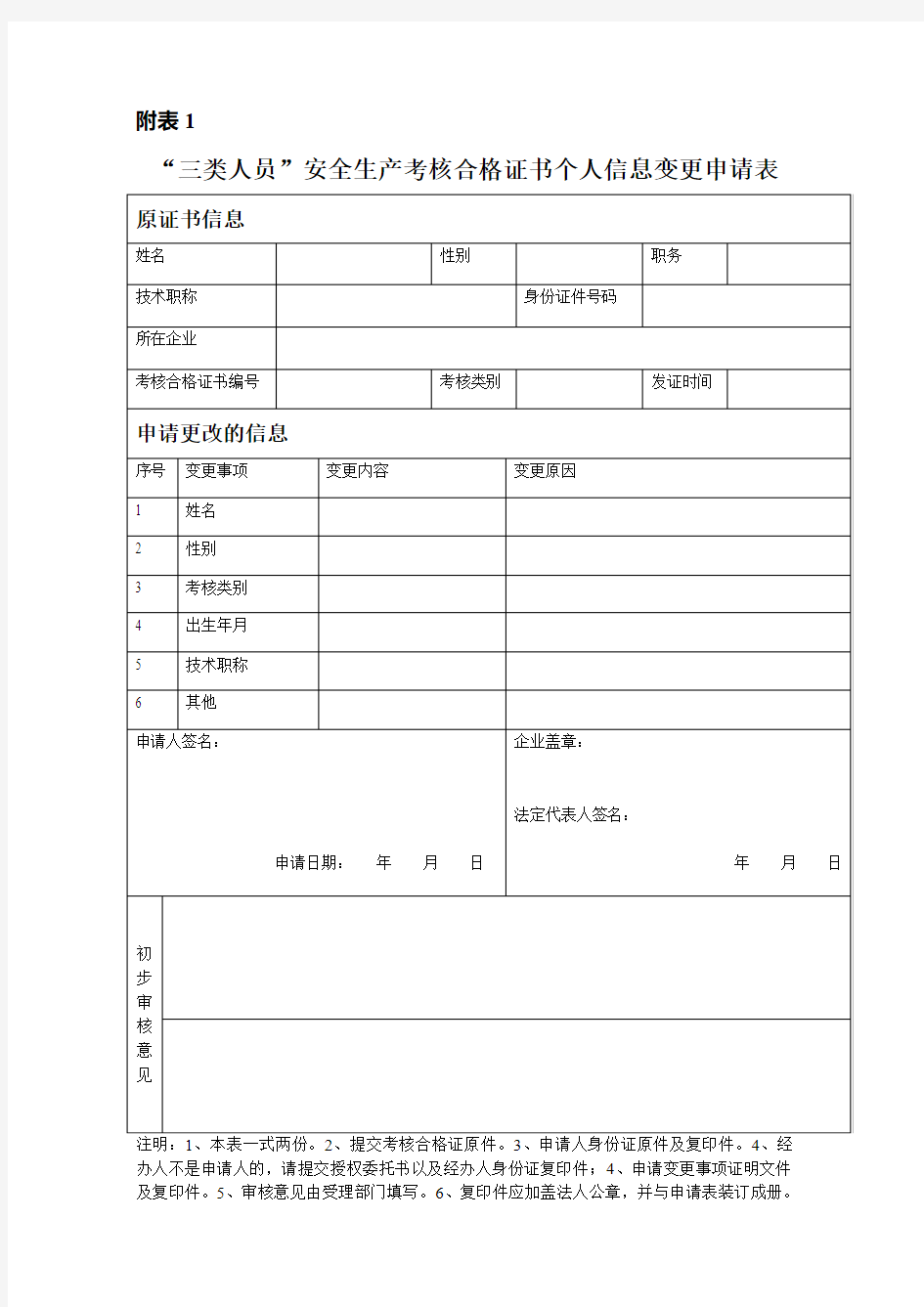 安管人员安全生产考核合格证变更申请表