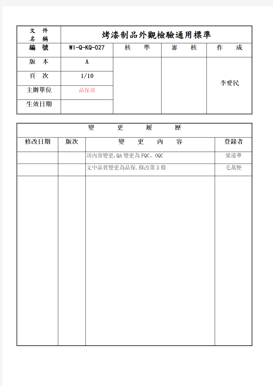 喷漆件外观检验通用标准