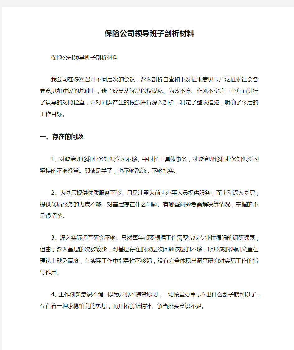 保险公司领导班子剖析材料【精选】