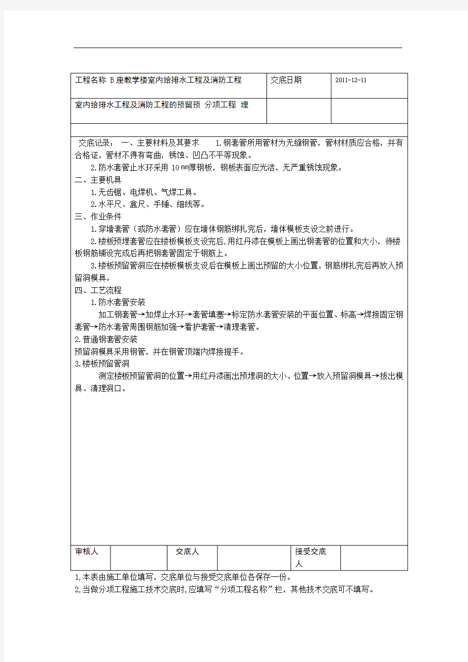 室内给排水消防工程预留预埋施工技术交底