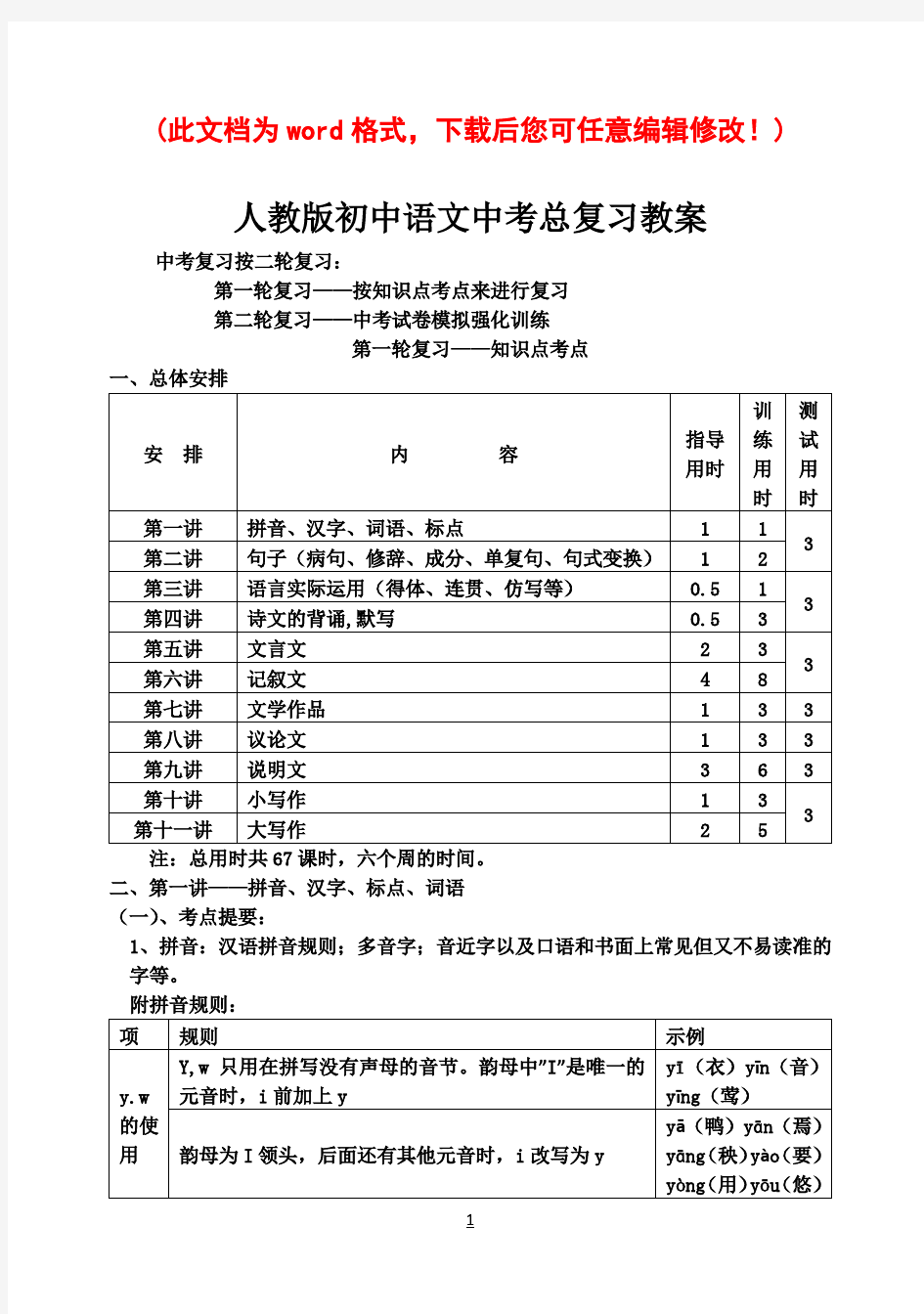 人教版初中语文中考总复习教案