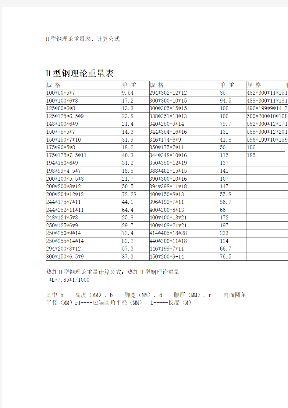 H型钢理论重量表、计算公式