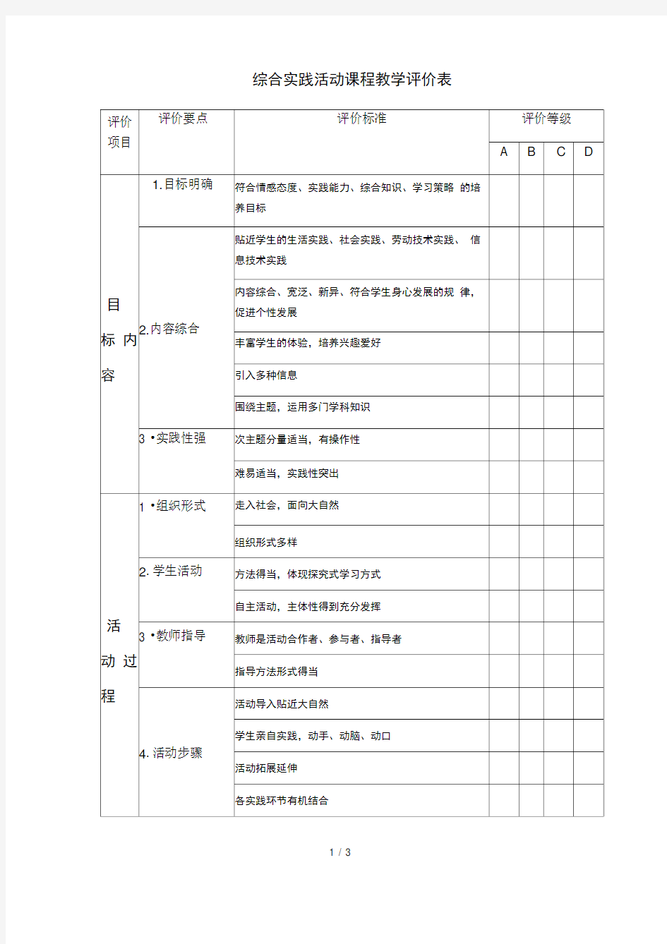 综合实践活动课程教学评价表