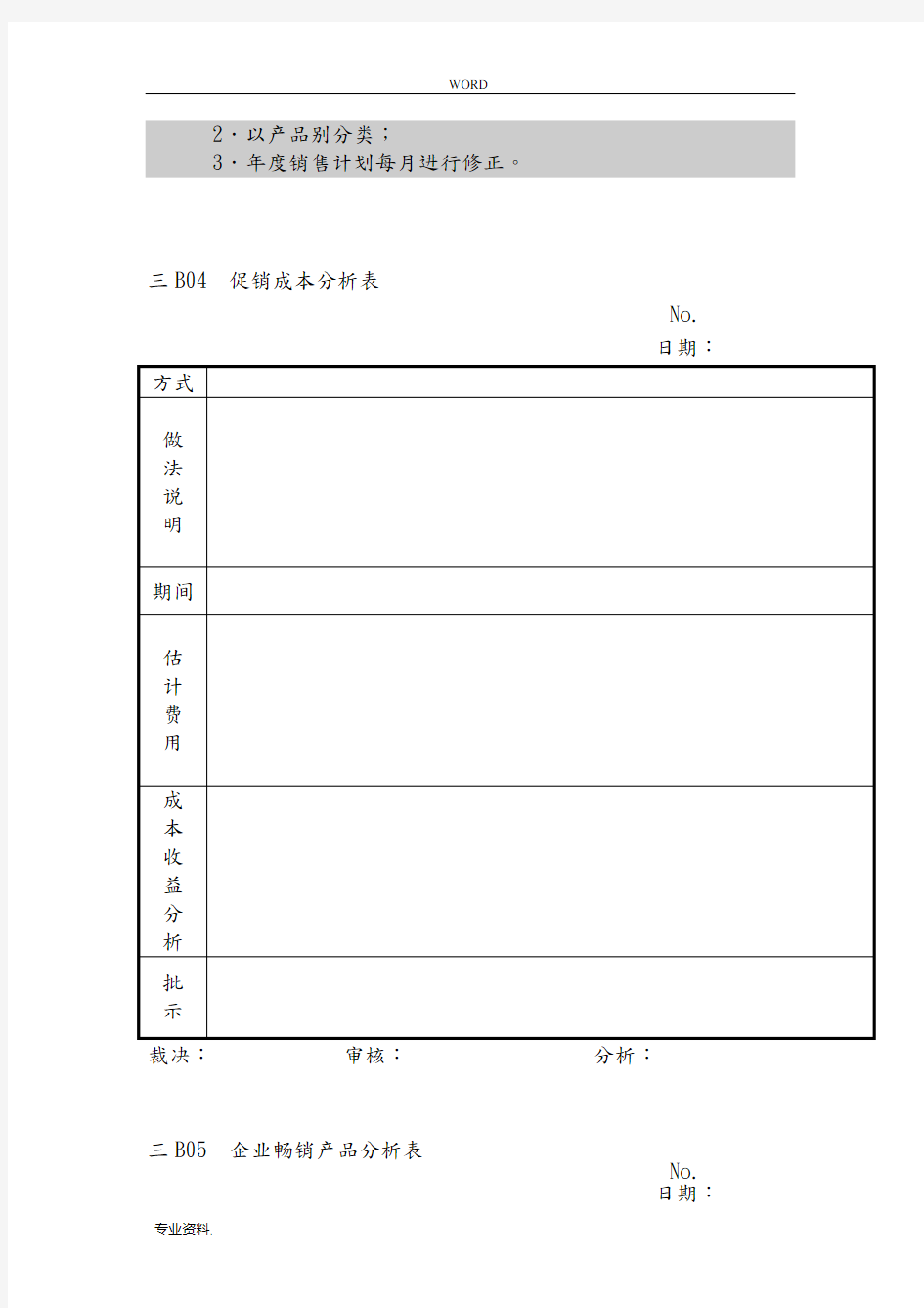 企业营销管理表格汇总