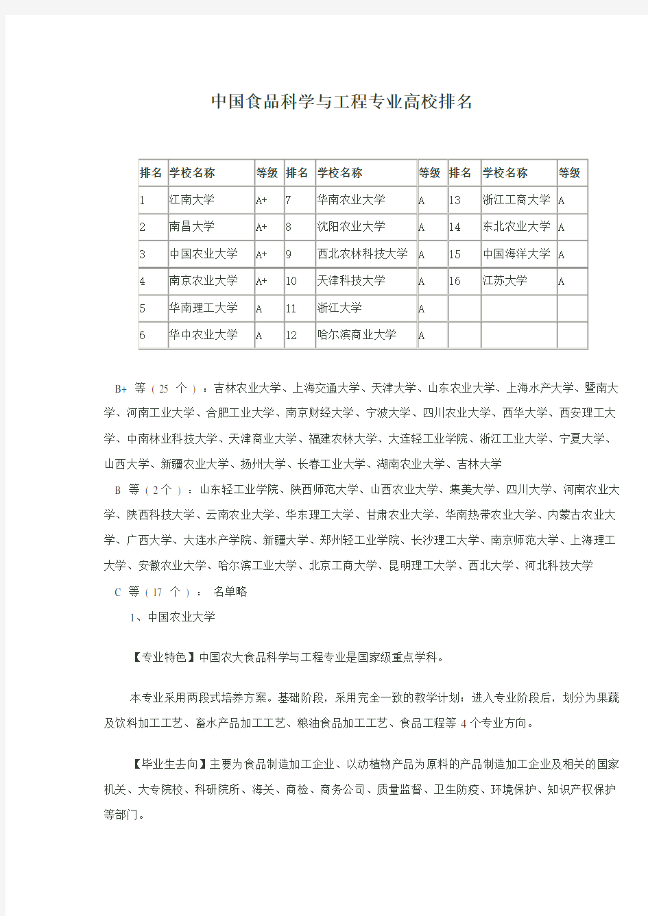 中国食品科学及工程专业高校排名