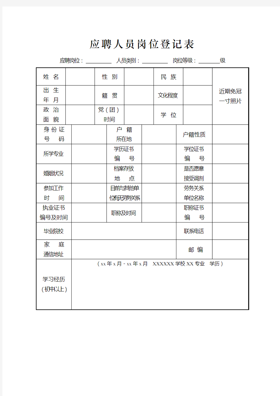 应聘人员岗位登记表