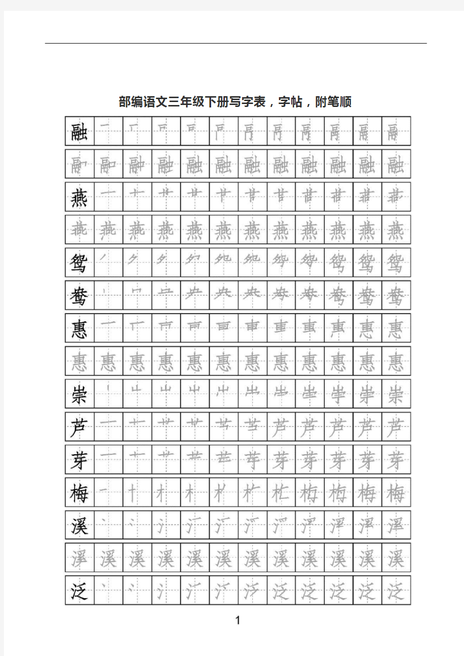 部编语文三年级下册写字表,字帖,附笔顺