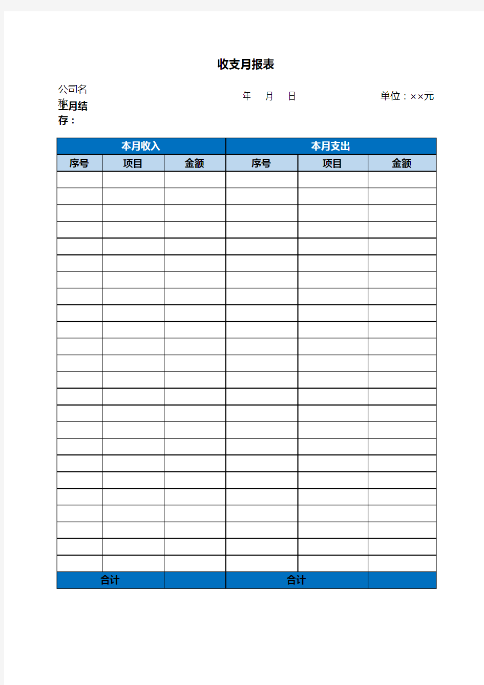财务收支月报表