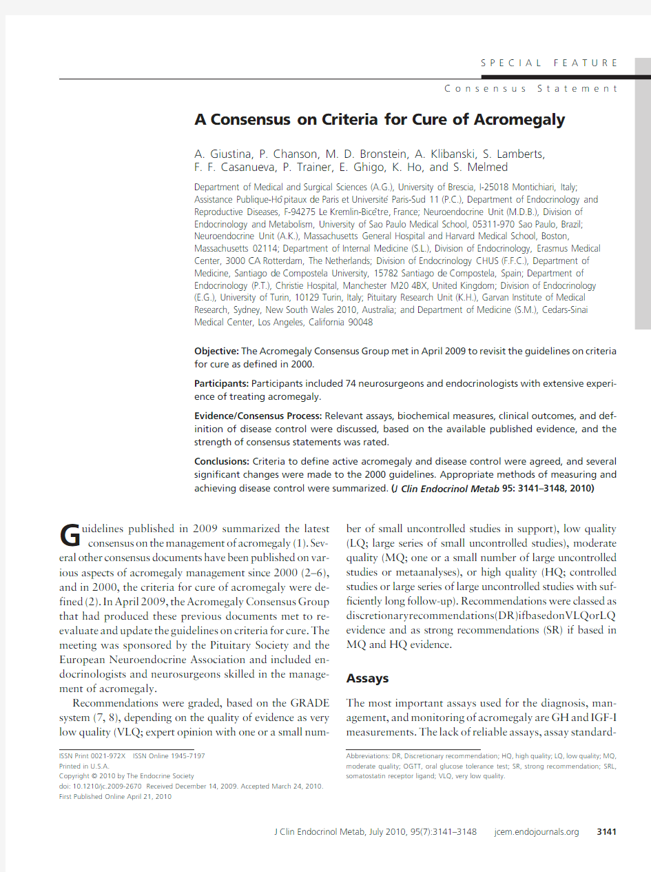 A Consensus on Criteria for Cure of Acromegaly.full