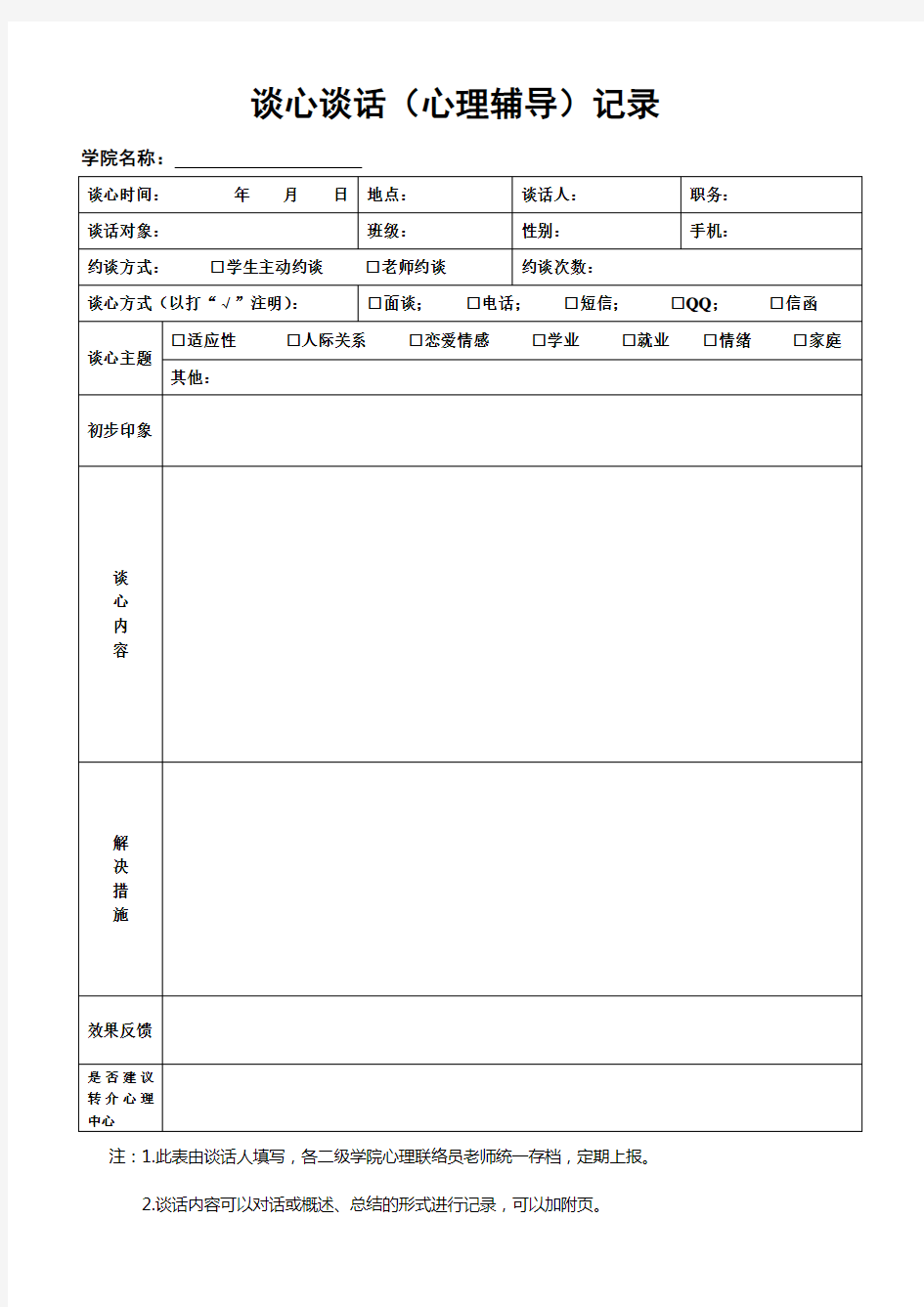 辅导员班主任谈心谈话(心理辅导)记录表