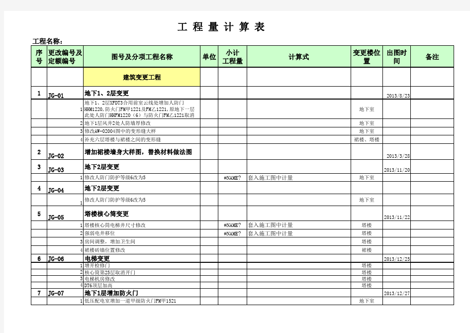 设计变更通知单工程量计算表