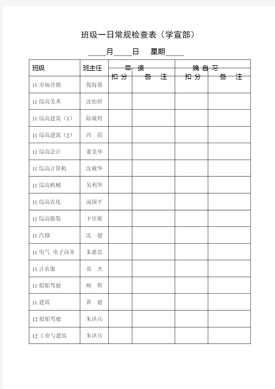 班级一日常规检查表