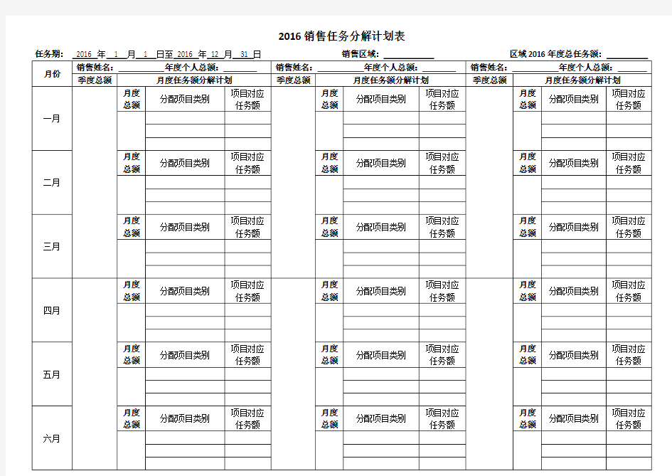 销售任务分解计划表2016模板