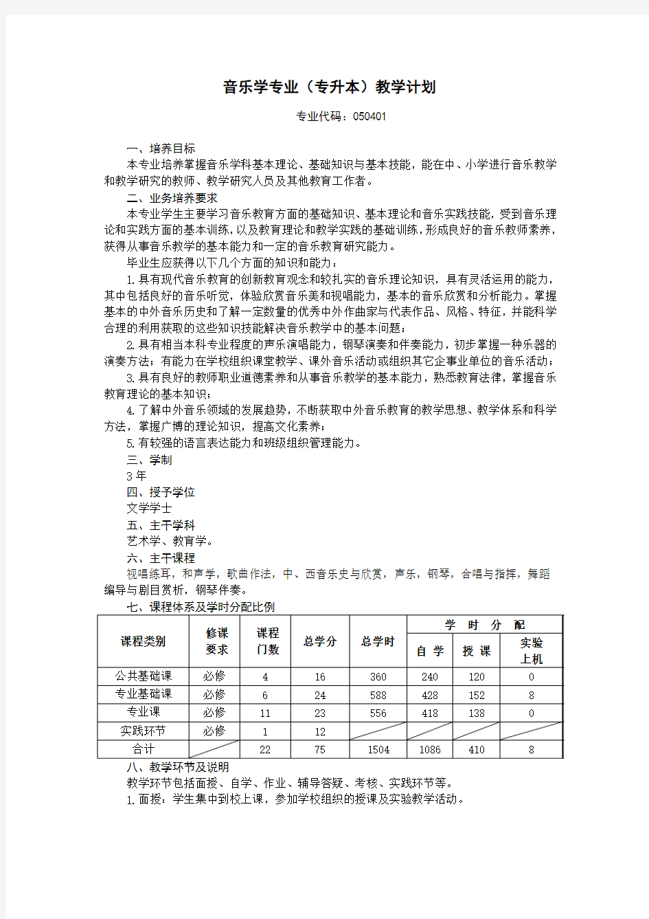 音乐学专业(专升本)教学计划