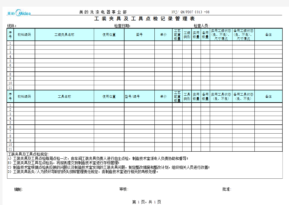 工装夹具及工具点检记录管理表