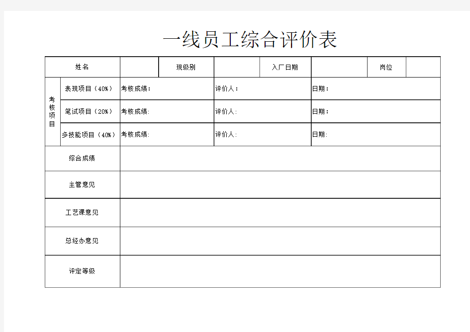 一线员工综合评价表