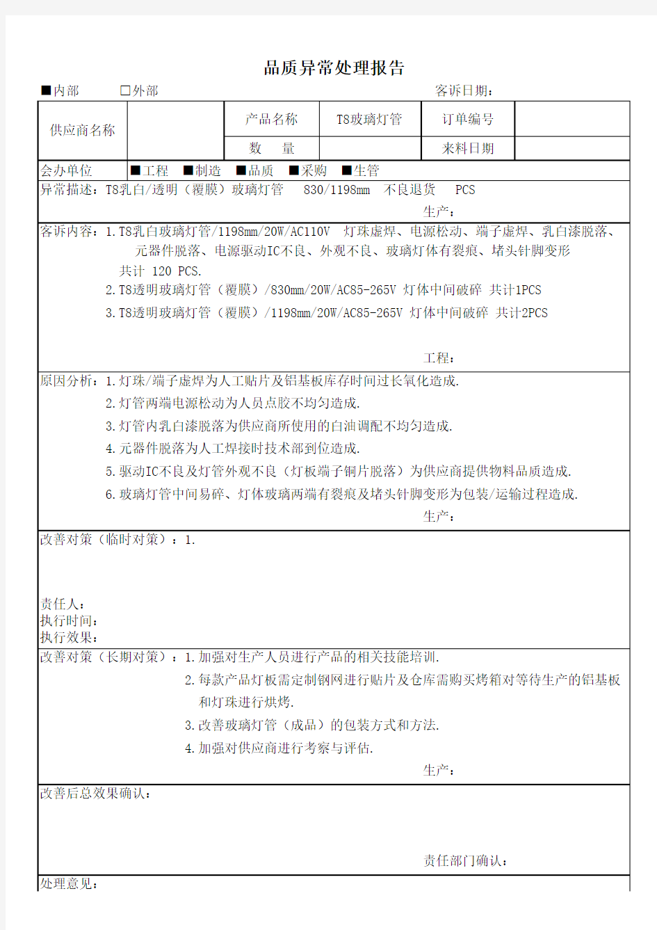 供应商 品质异常处理报告