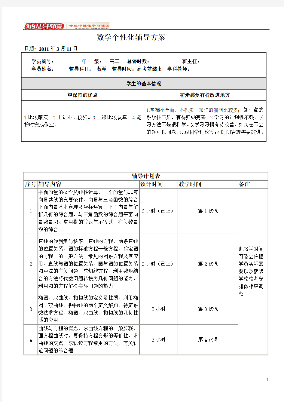 数学一对一个性化辅导方案