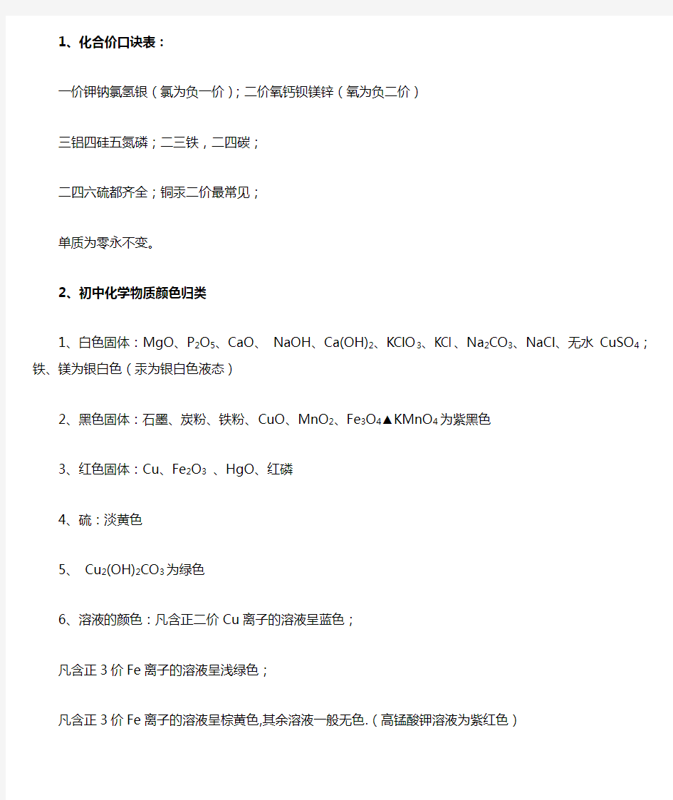 初中化学化合价口诀表及物质颜色归类大全