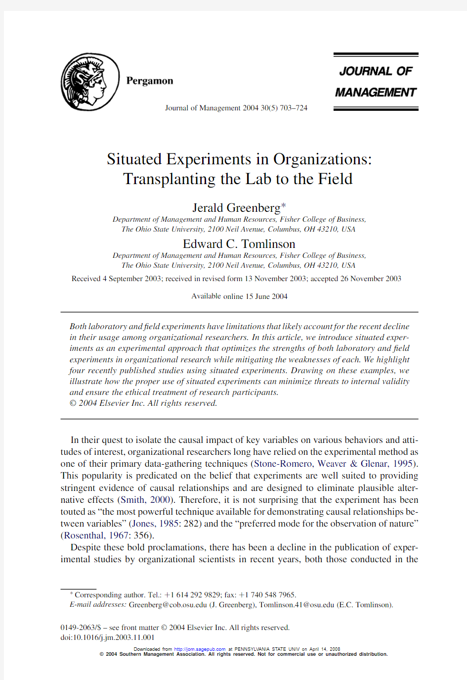 Situated Experiments in Organizations Transplanting the Lab to the Field