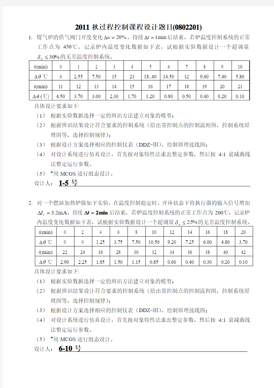 2011秋过程控制课程设计题目(0802201)