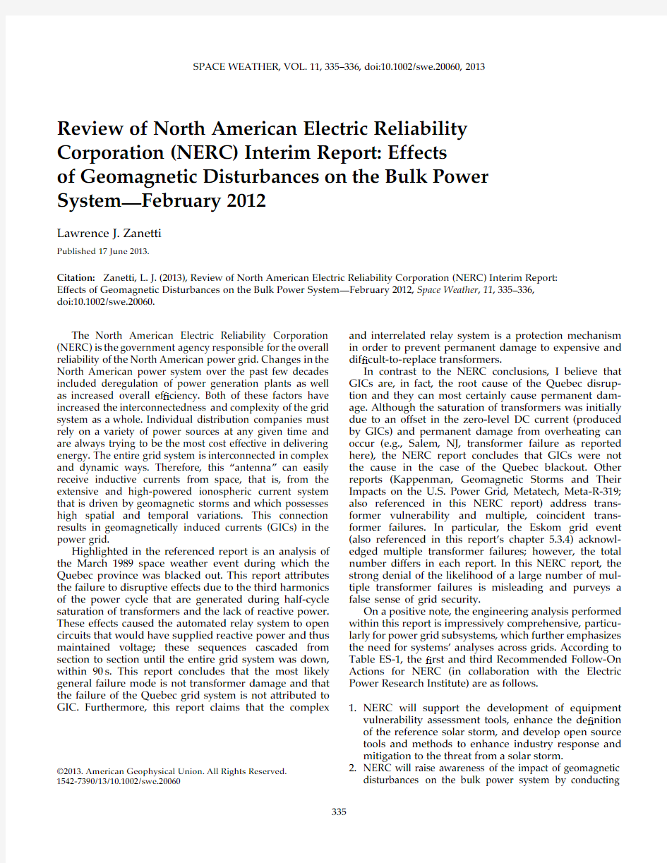2013NERC review of effect on the bulk power system